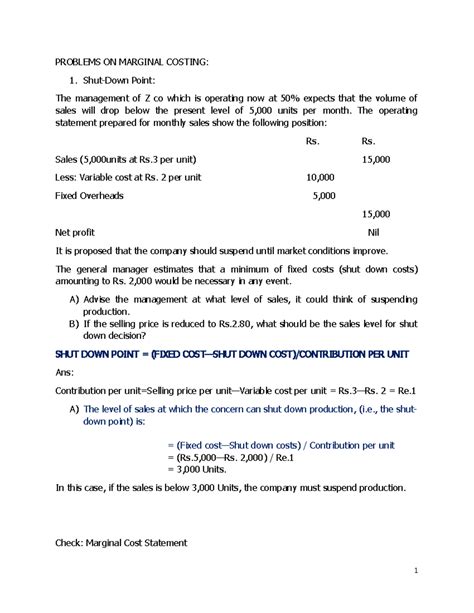 Problems ON Marginal Costing - PROBLEMS ON MARGINAL COSTING: Shut-Down ...