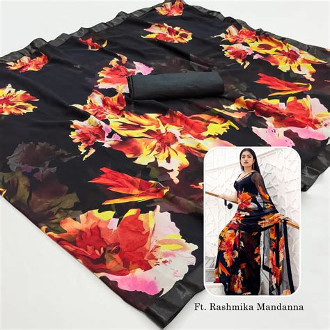 Black Floral Printed Georgette Saree