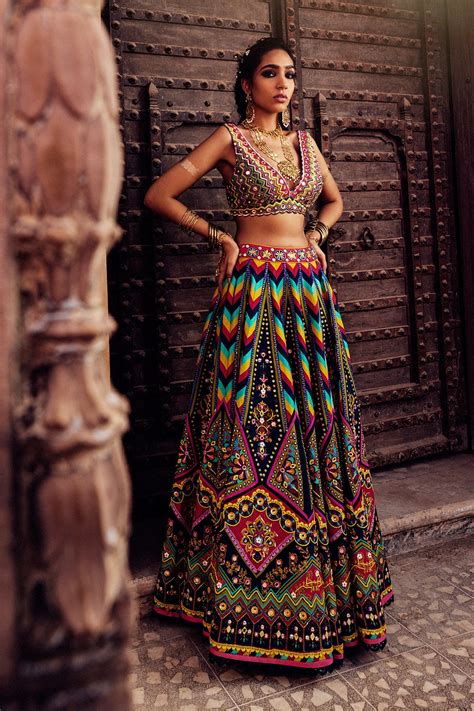 Teal Blue Chevron Print & Highlighted Blouse Lehenga And Organza Embro