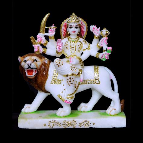 Durga Mata Cut-Gold Makrana White Marble Statue - The Star Murti Museum