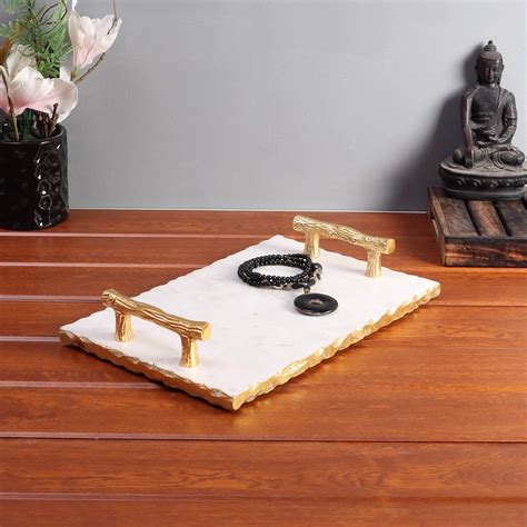 Buy NikkisPride Handmade Marble Serving Tray with Gold Finish Metal ...
