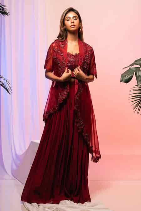 Buy Maroon Jacket Organza, Skirt , Top Floral Applique Work Set For ...