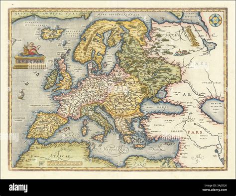 Abraham Ortelius’ 1595 'Europae' map, a part of his 'Theatrum Orbis Terrarum,' provides a ...