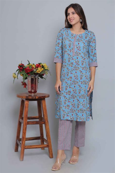 Blue Pure Cotton Straight Feeding Kurta Set