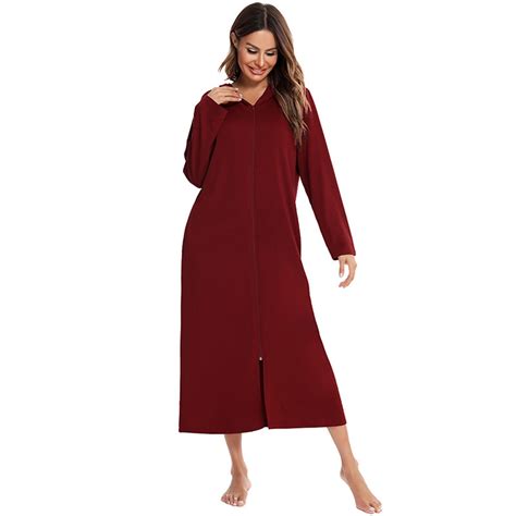 Women Hooded Robes Zipper Front Short Sleeve Full Length Housecoat with ...