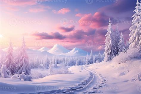 fabulous winter landscape, snowy forest, fir trees, mountains, pink ...