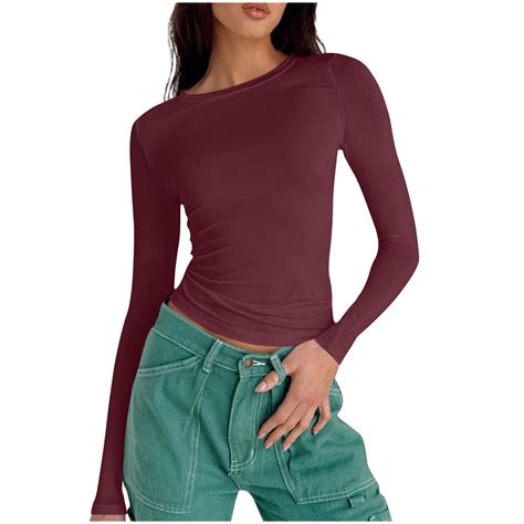 FAIWAD Long Sleeve Shirts for Women Solid Color Crewneck Tops Slim ...