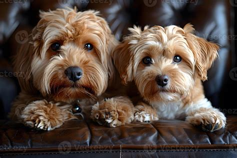 Adorable Dog Companionship Two Fluffy Brown Dogs on Leather Sofa ...