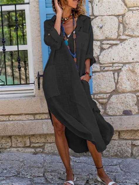 Damen Maxikleid Baumwoll-Leinen-Kleider schwarzes kleid Hemdblusenkleid ...
