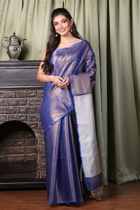 Blue & White Woven Design Silk Blend Saree – Charukriti