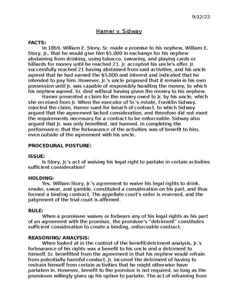 Hamer v. Sidway - Case brief - 9/12/ Hamer v. Sidway FACTS: In 1869 ...