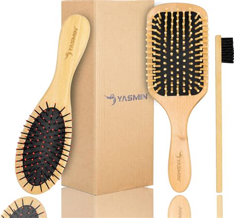 YASMIN 3 in 1 Wooden Hair Brush Sets for Women - Paddle Brush with Soft ...