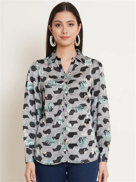 9 IMPRESSION Women Black & White Printed Satin Full Sleeves Shirt ...