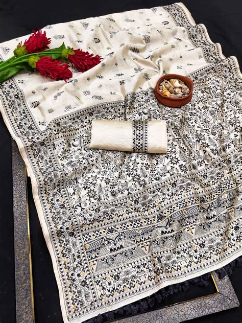 Enigmatic Off White Embroidery Work Tussar Silk Saree With Lagniappe B ...