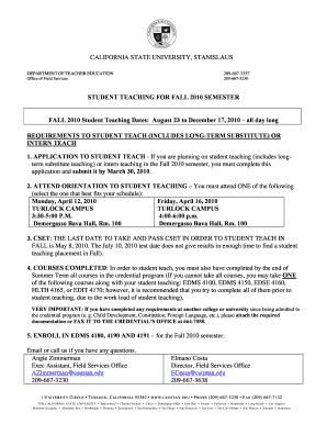 Fillable Online csustan Student Teaching Application Letter Fall 10 ...