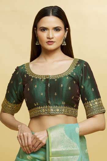 Buy Green Silk Embroidery V-neck Zari Blouse For Women by Samyukta ...