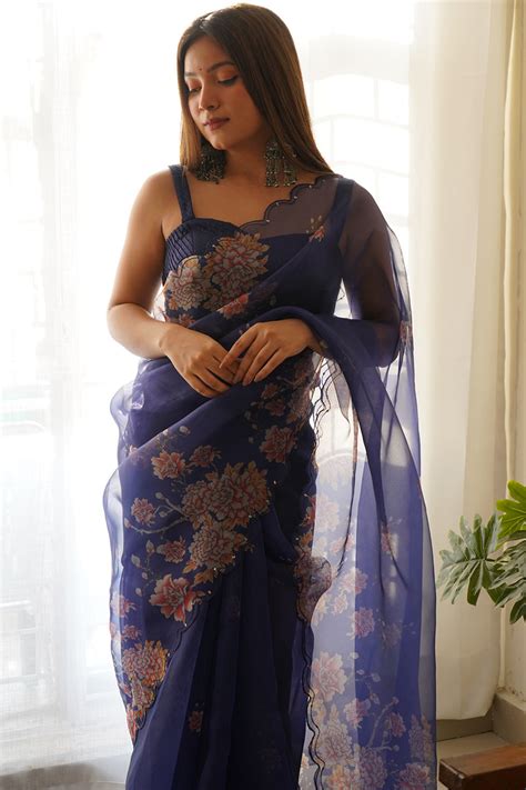 Buy Navy Blue Organza Saree 83084 Online | Karagiri