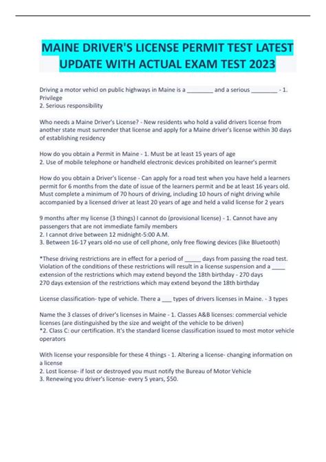 MAINE DRIVER'S LICENSE PERMIT TEST LATEST UPDATE WITH ACTUAL EXAM TEST ...