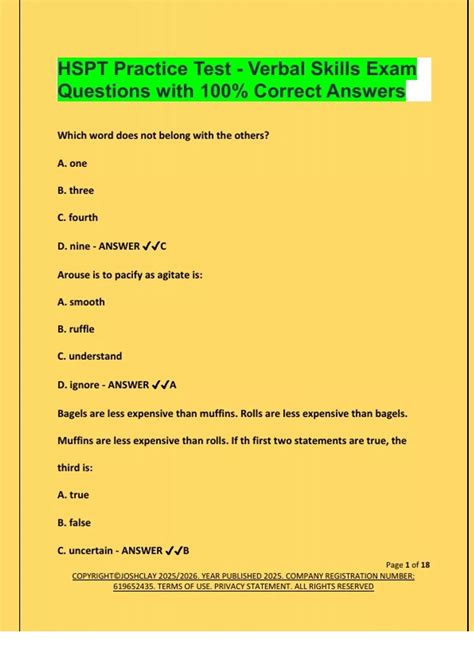 HSPT Practice Test - Verbal Skills Exam Questions with 100% Correct ...
