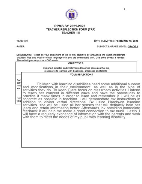 Trf - This is a teacher reflection form. - 1 RPMS SY 2021- TEACHER ...