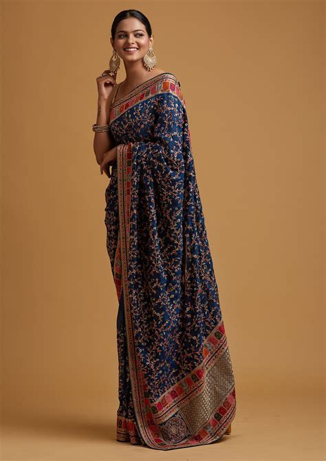 Buy Peacock Blue Zariwork Georgette Saree - Koskii