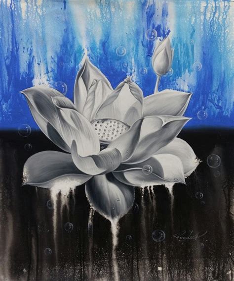 "Lotus 5": Blue Acrylic Oil Painting by Pradeep Kumar | ArtZolo.com
