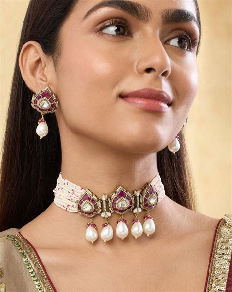 Pink Pearl Kundan Gold Necklace Set – Indinoor