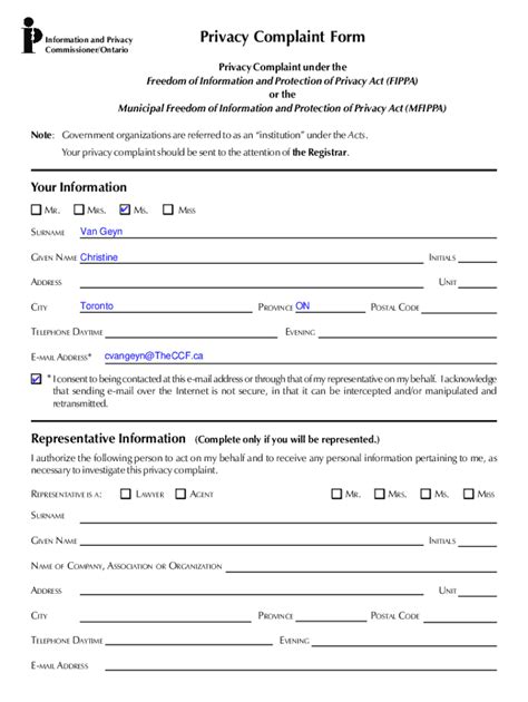 Fillable Online Privacy Complaint Form. A form for filing a privacy ...