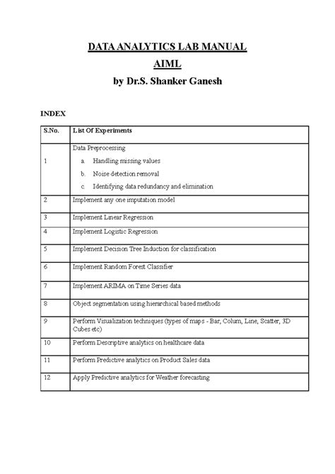 DATA ANALYTICS LAB MANUAL AIML - Experiments Overview - Studocu