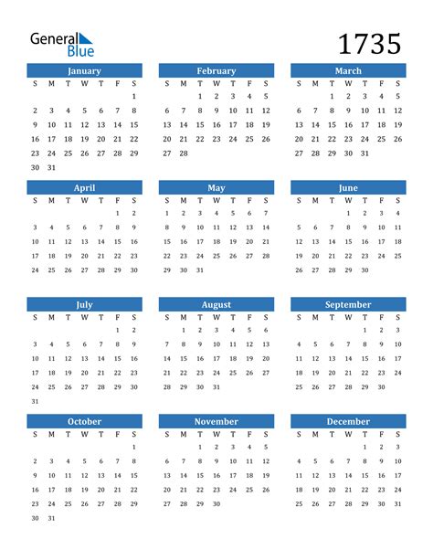1735 Calendar (PDF, Word, Excel)