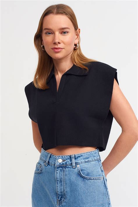 Dilvin Women's Black Polo Neck Short Sweater 1039