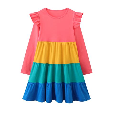 HILEELANG Little Girl Long Sleeve Dress Ruffle Solid Color Cotton ...