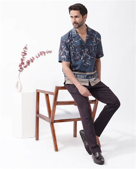 Rare Rabbit Men's Bordi Dark Navy Viscose Abstract Print Boxy Fit Half