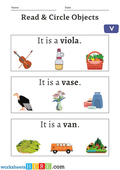 Read Sentences and Circle Objects Starting Letter V Activity Worksheets ...
