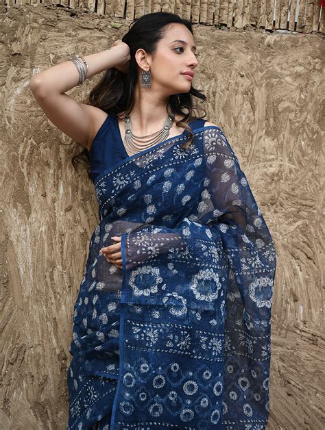 Buy Sanganer Summers : Hand Block Printed Kota Doria Saree - Indigo ...