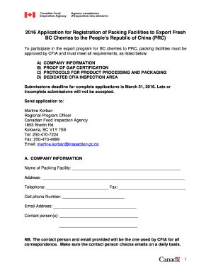 Fillable Online 2016 CFIA Packing bFacility Applicationb for export of ...