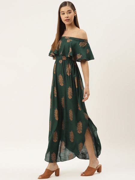 Buy Off shoulder Flare yoke and U hem maxi dress in bottle green for Women