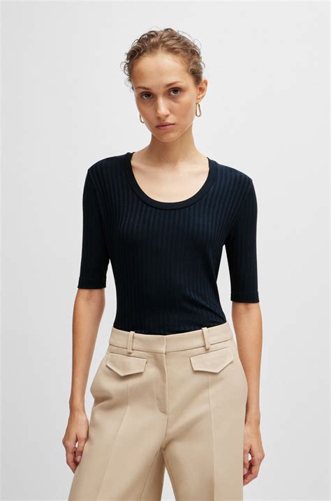 BOSS - Scoop-neck top in stretch fabric - Dark Blue