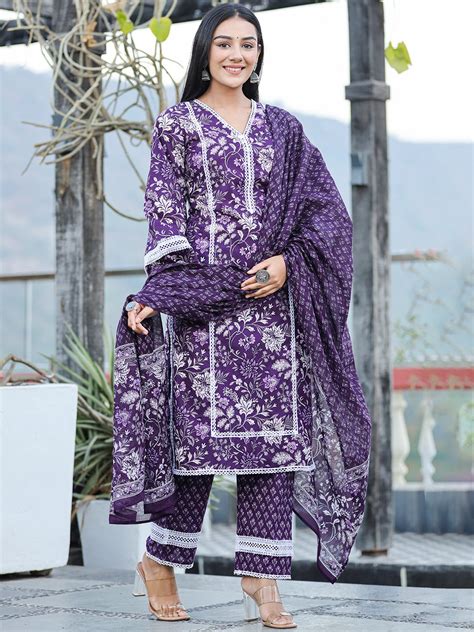 Purple Pure Cotton Kurta Dupatta Set With Thread Work Detailing