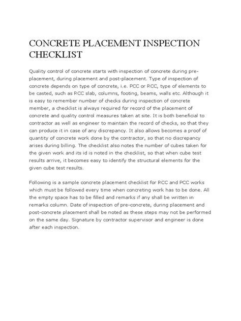 Image result for Pre Concrete Placement Checklist