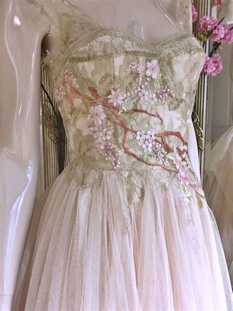 Blush tulle wedding dress with embroidered cherry blossom | Blush tulle ...