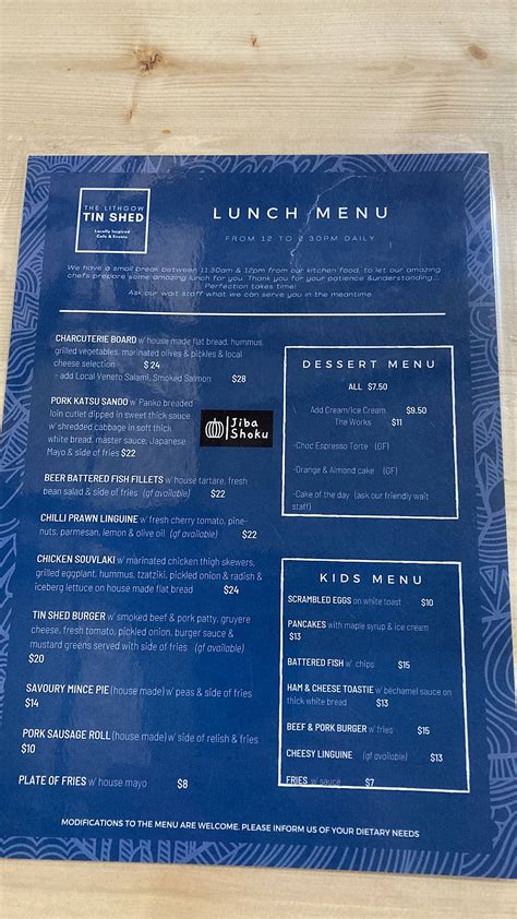 Menu at The Lithgow Tin Shed cafe, Lithgow, 69 Bridge St