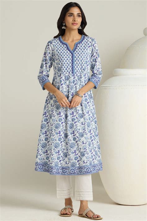 Buy White Hand Printed A-Line Cotton Dobby Kurta for Women ...