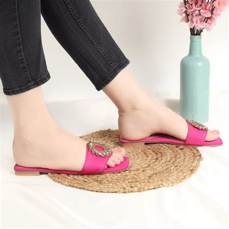 Bright Pink Embellished Slides