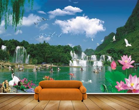 Avikalp MWZ2647 Waterfalls Pink Lotus Flowers Birds Cranes Boats Plant ...