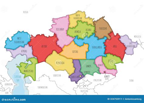 Vector Illustrated Map Of Kazakhstan With Regions, Independent Cities And Administrative ...
