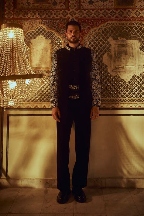 Navy Blue Floral Indo Western - Jayesh & Kaajal Shah