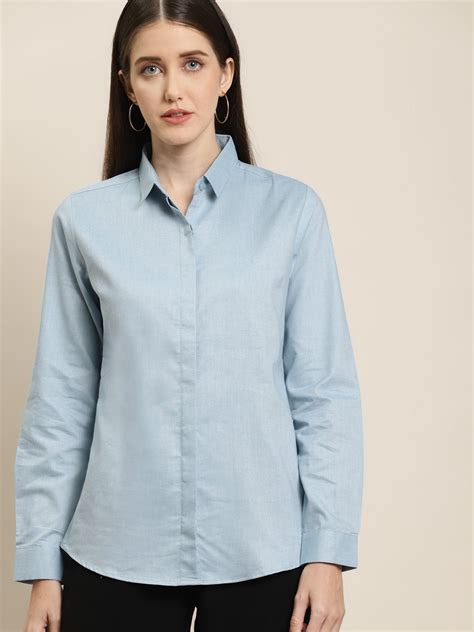 Hancock Women Turqoise Blue Solids Cotton Rich Slim Fit Formal Shirt