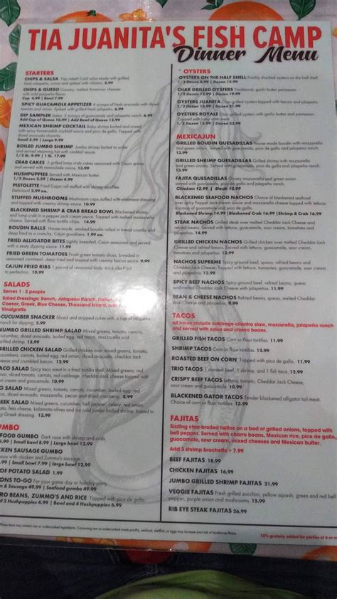 Menu at Tia Juanita’s Fish Camp restaurant, Orange