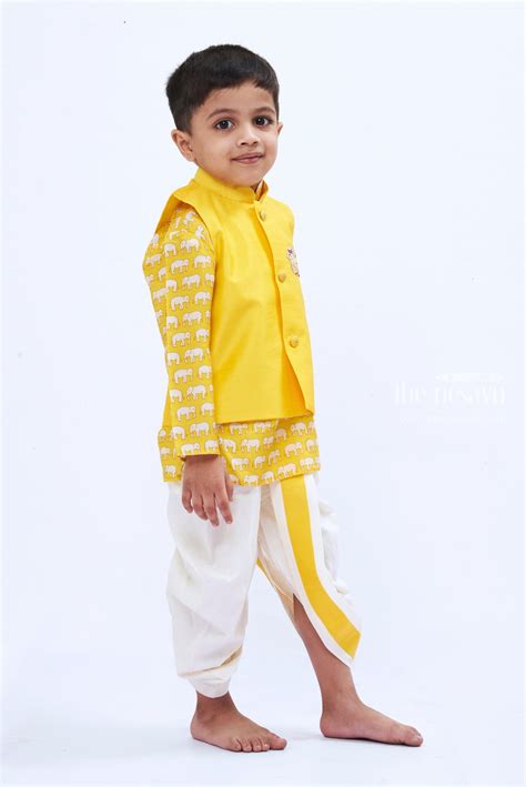 Boys Yellow Kurta Dhoti Set with Elephant Print | Festive Ethnic Attire ...